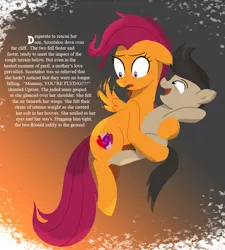 Size: 857x953 | Tagged: source needed, useless source url, safe, artist:heavysplatter, derpibooru import, scootaloo, oc, oc:uproar, earth pony, pegasus, pony, colt, earth pony oc, female, flapping, flying, image, male, mare, mother and child, mother and son, offspring, older, older scootaloo, parent:scootaloo, png, scootaloo can fly, short story, small wings, son, text, wings
