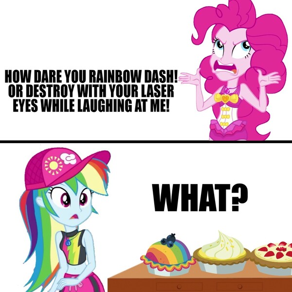 Size: 1300x1300 | Tagged: safe, derpibooru import, pinkie pie, rainbow dash, blue crushed, equestria girls, equestria girls series, forgotten friendship, secrets and pies, angry, gasp, geode of sugar bombs, geode of super speed, image, jpeg, magical geodes, pinkie pie is best facemaker, pinkie pie is not amused, pinkie rage, rage, rainbow douche, scaredy dash, unamused