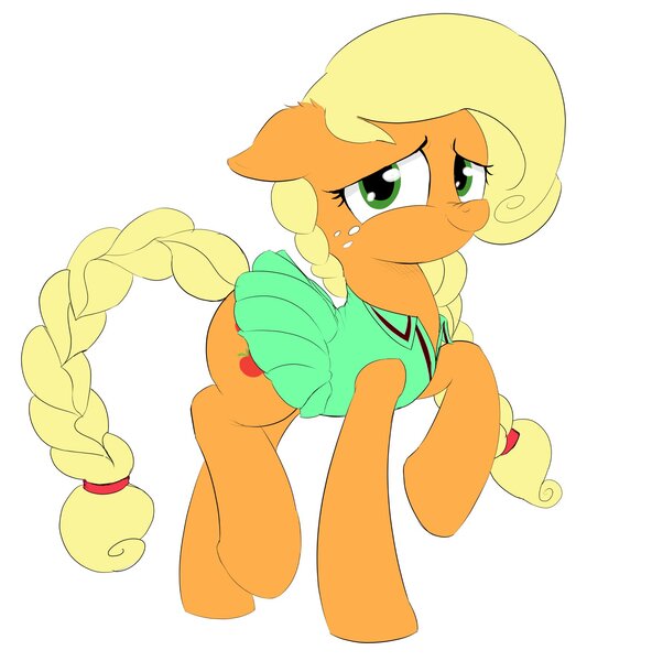 Size: 1753x1777 | Tagged: safe, artist:ponerino, derpibooru import, applejack, earth pony, pony, braid, clothes, colored, digital, dress, female, flat colors, image, jpeg, lifted leg, looking at you, mare, skirt, smiling, smiling at you, solo