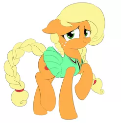 Size: 1753x1777 | Tagged: safe, artist:ponerino, derpibooru import, applejack, earth pony, pony, braid, clothes, colored, digital, dress, female, flat colors, image, jpeg, lifted leg, looking at you, mare, skirt, smiling, smiling at you, solo