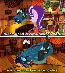 Size: 1430x1601 | Tagged: safe, derpibooru import, queen chrysalis, starlight glimmer, changeling, changeling queen, pony, unicorn, angry, changeling guard, changeling soldier, female, image, male, mare, meme, png, the marvelous misadventures of flapjack