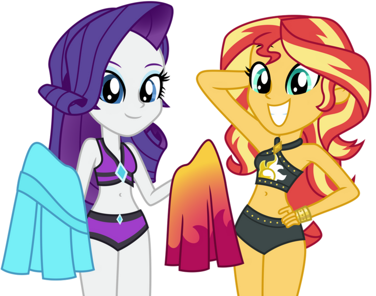 Size: 1024x807 | Tagged: safe, artist:emeraldblast63, derpibooru import, rarity, sunset shimmer, human, equestria girls, equestria girls series, forgotten friendship, belly button, clothes, cute, duo, duo female, female, image, midriff, png, raribetes, sarong, shimmerbetes, simple background, swimsuit, transparent background, vector