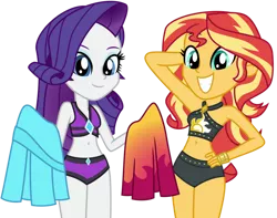 Size: 1024x807 | Tagged: safe, artist:emeraldblast63, derpibooru import, rarity, sunset shimmer, human, equestria girls, equestria girls series, forgotten friendship, belly button, clothes, cute, duo, duo female, female, image, midriff, png, raribetes, sarong, shimmerbetes, simple background, swimsuit, transparent background, vector