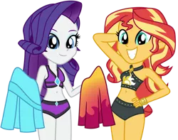 Size: 1024x807 | Tagged: safe, artist:emeraldblast63, derpibooru import, rarity, sunset shimmer, human, equestria girls, equestria girls series, forgotten friendship, belly button, clothes, cute, duo, duo female, female, image, midriff, png, raribetes, rarity's beach shorts swimsuit, sarong, shimmerbetes, simple background, sunset shimmer swimsuit, swimsuit, transparent background, vector