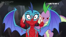 Size: 800x450 | Tagged: semi-grimdark, artist:metalhead97, derpibooru import, edit, editor:glimenade, princess ember, spike, dragon, abuse, blood, dragoness, duo, female, i like ya cut g, image, jpeg, male, meme, winged spike