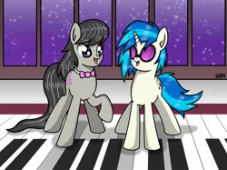 Size: 2315x1736 | Tagged: safe, artist:banquo0, derpibooru import, octavia melody, vinyl scratch, earth pony, pony, unicorn, bowtie, dancing, duo, duo female, female, high res, image, jpeg, keyboard, mare, musical instrument, piano, sunglasses