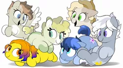 Size: 2048x1150 | Tagged: safe, artist:mochi_nation, derpibooru import, oc, oc:flame cookie, oc:flannel tea, oc:galaxy, oc:moth, oc:silver bolt, oc:sunrich maron, unofficial characters only, earth pony, pegasus, pony, unicorn, female, freckles, image, jpeg, male, mare, pony pile, simple background, stallion, white background