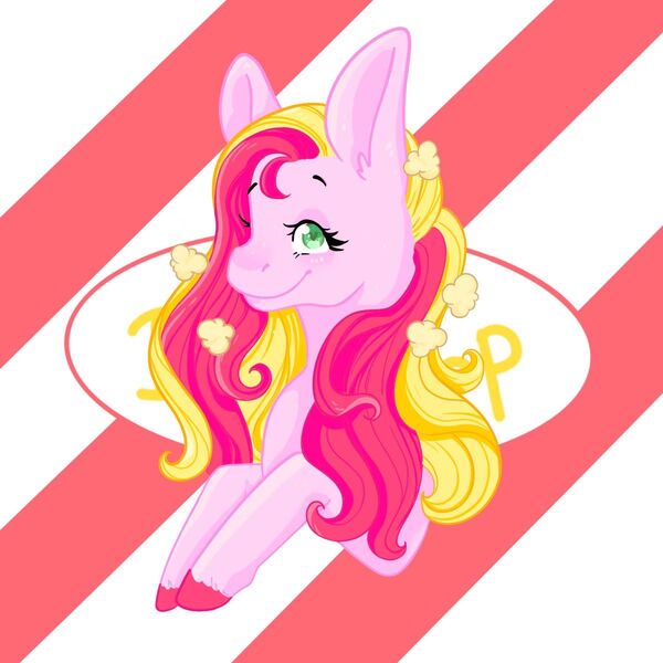 Size: 1200x1200 | Tagged: safe, alternate version, artist:kirakiracalico, derpibooru import, butter pop, earth pony, pony, abstract background, colored hooves, female, image, jpeg, mare, smiling, solo