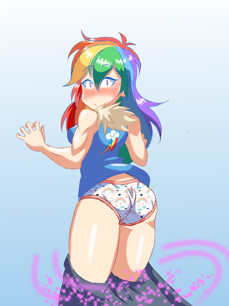 Size: 1500x2000 | Tagged: suggestive, artist:imsomethingradical, derpibooru import, rainbow dash, human, blushing, butt, clothes, commission, embarrassed, embarrassed underwear exposure, female, humanized, image, implied twilight sparkle, magic, panties, png, rainbutt dash, solo, solo female, underwear