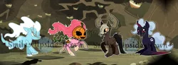 Size: 4964x1836 | Tagged: safe, artist:smilesupsidedown, derpibooru import, oc, unofficial characters only, alicorn, bat pony, bat pony alicorn, ghost, ghost pony, pony, undead, wendigo, windigo, bat wings, decapitated, high res, horn, image, mask, outdoors, png, pumpkin, raised hoof, running, tree, windigo oc, wings