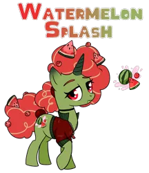 Size: 1794x2073 | Tagged: safe, artist:smilesupsidedown, derpibooru import, oc, ponified, food pony, original species, pony, unicorn, clothes, eyelashes, female, food, horn, image, mare, png, raised hoof, simple background, solo, transparent background, unicorn oc, watermelon