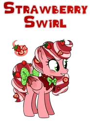 Size: 1479x2001 | Tagged: safe, artist:smilesupsidedown, derpibooru import, oc, ponified, unofficial characters only, food pony, original species, pegasus, pony, bow, bowtie, eyelashes, female, food, image, mare, pegasus oc, png, simple background, smiling, strawberry, tail bow, transparent background, wings