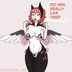 Size: 1280x1280 | Tagged: suggestive, artist:lisochka69, derpibooru import, oc, unofficial characters only, anthro, pegasus, belly button, bikini, breasts, clothes, cowprint, dialogue, digital art, female, image, jpeg, micro bikini, simple background, solo, solo female, speech bubble, spread wings, swimsuit, tail, talking, text, thighs, wide hips, wings