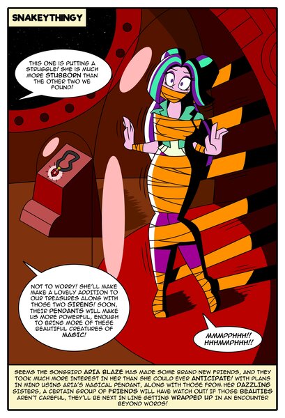 Size: 2789x4096 | Tagged: questionable, artist:snakeythingy, derpibooru import, aria blaze, equestria girls, abduction, alien abduction, bondage, comic book, comic panel, damsel in distress, dialogue, image, jpeg, mummification, mummified, peril, wrapping