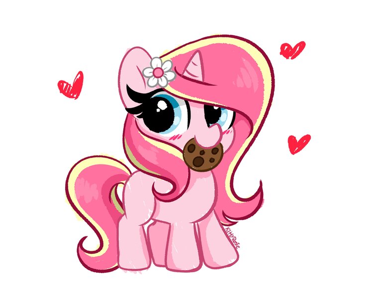 Size: 4096x3311 | Tagged: safe, artist:kittyrosie, derpibooru import, oc, oc:rosa flame, unofficial characters only, pony, unicorn, blushing, chocolate, cookie, cute, food, high res, horn, image, jpeg, mouth hold, ocbetes, simple background, solo, unicorn oc, white background