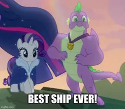 Size: 572x500 | Tagged: safe, derpibooru import, edit, edited screencap, screencap, princess twilight 2.0, rarity, spike, twilight sparkle, twilight sparkle (alicorn), alicorn, dragon, pony, unicorn, the last problem, best ship, caption, cropped, duo focus, female, image, image macro, imgflip, jpeg, male, mare, medal, offscreen character, older, older rarity, older spike, older twilight, shipping, smiling, sparity, straight, sunset, text, winged spike