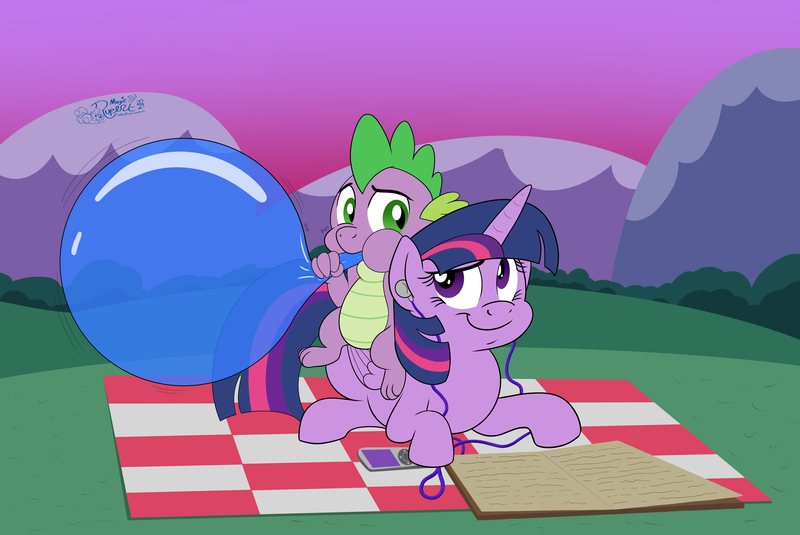 Size: 4670x3122 | Tagged: safe, artist:rupertbluefox, derpibooru import, spike, twilight sparkle, twilight sparkle (alicorn), alicorn, dragon, pony, background, balloon, blowing up balloons, book, commission, cute, earbuds, female, image, listening to music, mare, music player, picnic blanket, png, reading, spikabetes, that dragon sure does love balloons, twiabetes, walkman, winged spike