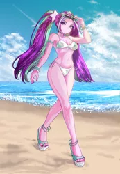 Size: 3312x4800 | Tagged: suggestive, artist:rileyav, derpibooru import, aria blaze, equestria girls, anklet, armlet, beach, beach babe, belly button, bikini, bikini babe, bracelet, breasts, busty aria blaze, cleavage, clothes, commission, curvy, disguise, disguised siren, eyelashes, eyeshadow, female, hair tie, high heels, high res, hourglass figure, image, jewelry, legs, lips, long hair, looking at you, makeup, midriff, nail polish, ocean, outdoors, pigtails, png, sand, sandals, shoes, slit eyes, solo, solo female, stupid sexy aria blaze, sunglasses, sunglasses on head, swimsuit, thighs, toenail polish, twintails