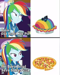 Size: 799x1000 | Tagged: safe, derpibooru import, rainbow dash, zephyr breeze, equestria girls, equestria girls series, holidays unwrapped, spoiler:eqg series (season 2), food, hotline bling, image, indonesia, jpeg, meme, pie, pizza, rainbow blueberry pie, rainbow pie, that pony sure does hate pies, that pony sure does love pizza