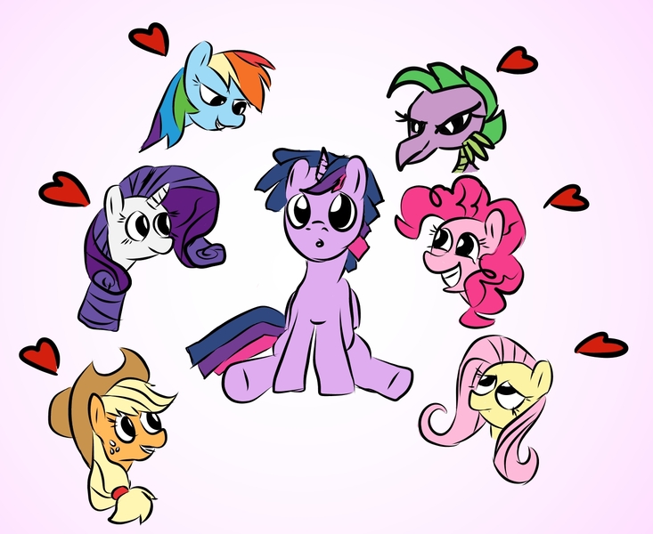 Size: 1363x1115 | Tagged: safe, anonymous artist, derpibooru import, applejack, fluttershy, pinkie pie, rainbow dash, rarity, spike, twilight sparkle, twilight sparkle (alicorn), alicorn, dragon, earth pony, pegasus, pony, barb, barbshine, derpibooru exclusive, dragoness, dusk shine, dusk shine gets all the mares, duskdash, duskjack, duskpie, duskshy, female, gradient background, half r63 shipping, harem, heart, image, jpeg, lesbian, male, mane seven, mane six, mare, older, older barb, older spike, rarilight, rarishine, rule 63, shipping, stallion, straight, twidash, twiharem, twijack, twilight's harem, twinkie, twishy, twispike