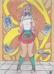 Size: 2452x3373 | Tagged: safe, artist:seinn, derpibooru import, angel bunny, fluttershy, human, eqg summertime shorts, equestria girls, good vibes, beautisexy, breasts, busty fluttershy, clothes, humanized, image, jpeg, shoes, skirt, socks, solo