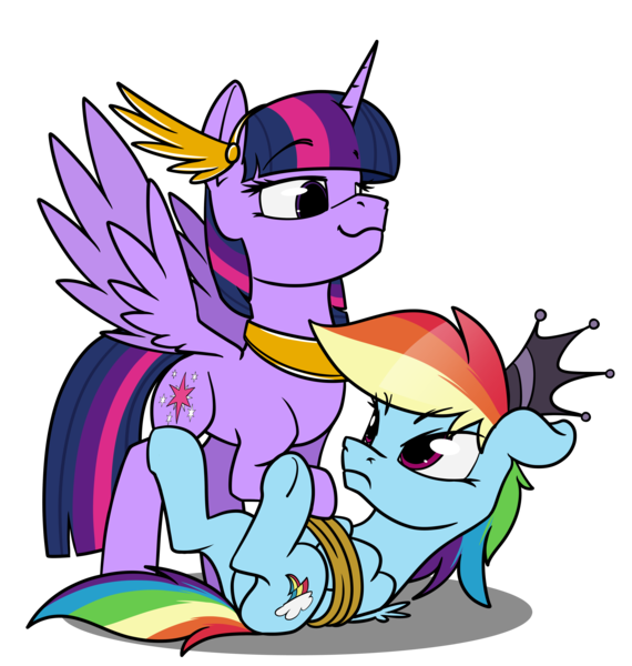 Size: 4560x4800 | Tagged: safe, alternate version, artist:dacaoo, derpibooru import, rainbow dash, twilight sparkle, oc, oc:athena (shawn keller), oc:lustrous (shawn keller), pegasus, pony, bondage, clothes, cosplay, costume, crown, floppy ears, frown, guardians of pondonia, image, jewelry, necklace, png, rainbond dash, regalia, rope, rope bondage, simple background, smiling, smug, spread wings, tied up, transparent background, underhoof, wings