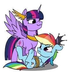 Size: 4560x4800 | Tagged: safe, alternate version, artist:dacaoo, derpibooru import, rainbow dash, twilight sparkle, oc, oc:athena (shawn keller), oc:lustrous (shawn keller), pegasus, pony, bondage, clothes, cosplay, costume, crown, floppy ears, frown, guardians of pondonia, image, jewelry, necklace, png, rainbond dash, regalia, rope, rope bondage, simple background, smiling, smug, spread wings, tied up, transparent background, underhoof, wings