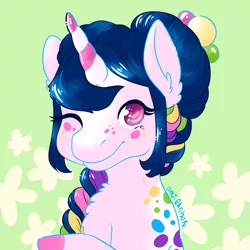 Size: 3000x3000 | Tagged: safe, artist:kirakiracalico, derpibooru import, oc, unofficial characters only, pony, unicorn, abstract background, braid, bust, colored hooves, ear fluff, eyelashes, female, horn, image, jpeg, mare, one eye closed, signature, smiling, solo, unicorn oc, wink