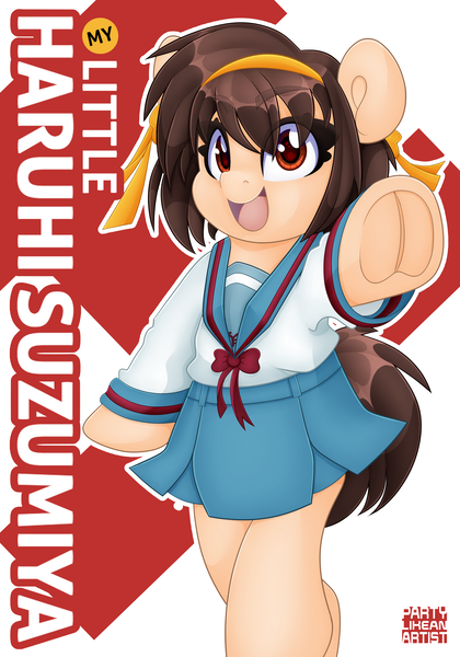 Size: 3499x5000 | Tagged: safe, artist:partylikeanartist, derpibooru import, ponified, pony, absurd resolution, anime, bipedal, book cover, bow, clothes, cover, crossover, eye clipping through hair, eyebrows, eyebrows visible through hair, frog (hoof), image, japanese school uniform, looking at you, manga, melancholy of haruhi suzumiya, png, ribbon, school uniform, skirt, solo, suzumiya haruhi, underhoof