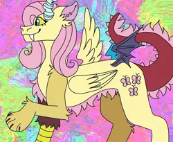 Size: 1080x885 | Tagged: safe, artist:teacreationss, derpibooru import, discord, fluttershy, draconequus, abstract background, draconequified, ear fluff, female, flutterequus, fusion, image, jpeg, smiling, solo, species swap
