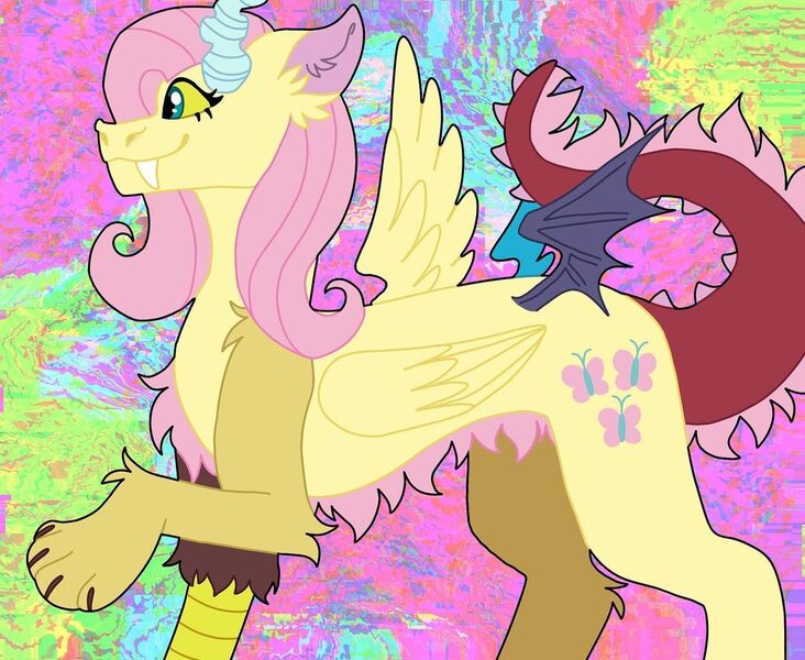Size: 1080x885 | Tagged: safe, alternate version, artist:teacreationss, derpibooru import, discord, fluttershy, draconequus, abstract background, draconequified, ear fluff, female, flutterequus, fusion, image, jpeg, smiling, solo, species swap