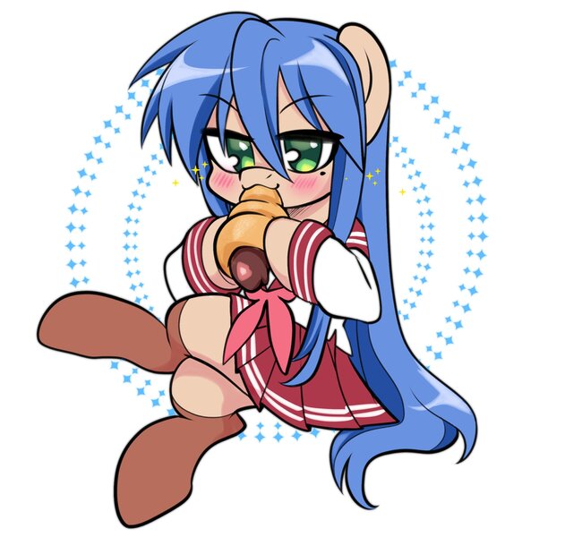 Size: 2502x2380 | Tagged: safe, artist:techycutie, derpibooru import, ponified, earth pony, pony, anime, clothes, cute, female, food, image, izumi konata, jpeg, lucky star, school uniform, socks, solo