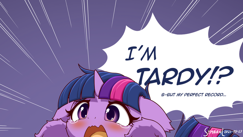 Size: 3200x1800 | Tagged: safe, artist:symbianl, derpibooru import, twilight sparkle, pony, unicorn, adorable distress, blushing, cheek fluff, crying, cute, dialogue, distressed, ear fluff, female, floppy ears, fluffy, hair, horn, image, leg fluff, mare, open mouth, png, solo, speech bubble, tardy, teary eyes, twiabetes, unicorn twilight