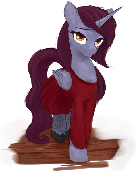 Size: 1136x1394 | Tagged: safe, artist:some_ponu, derpibooru import, oc, oc:joyful journey, unofficial characters only, alicorn, pony, fallout equestria, artificial alicorn, clothes, female, horn, image, jpeg, looking at you, mare, socks, solo, stockings, thigh highs, transgender, wings