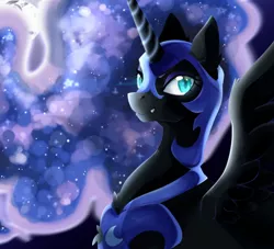 Size: 1280x1164 | Tagged: safe, artist:nekane-b-a, derpibooru import, nightmare moon, alicorn, pony, blue eyes, blue mane, colored pupils, ear fluff, ethereal mane, female, flowing mane, grin, helmet, horn, image, jpeg, moonlight, night, redraw, smiling, solo, spread wings, starry mane, wings