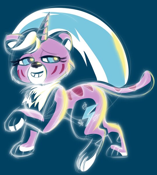 Size: 1270x1412 | Tagged: safe, artist:retl, derpibooru import, lightning chill, tiger, unicorn, my little pony: pony life, spoiler:pony life s02e12, back to the present, cutie mark, feline, female, hair, horn, image, jpeg, paws, smiling, solo