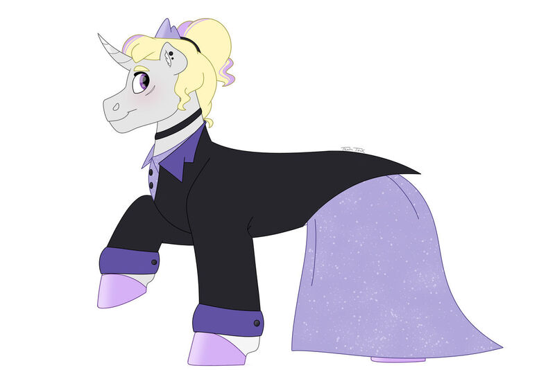 Size: 1280x854 | Tagged: safe, artist:itstechtock, derpibooru import, oc, oc:platinum shield, pony, unicorn, clothes, dress, female, image, jpeg, mare, simple background, solo, suit, white background