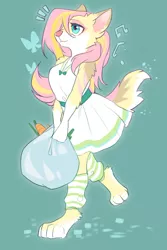 Size: 800x1200 | Tagged: safe, artist:swaybat, derpibooru import, fluttershy, anthro, digitigrade anthro, carrot, clothes, dress, food, furrified, furry, image, jpeg, paws, solo