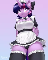 Size: 714x900 | Tagged: suggestive, artist:iloota, derpibooru import, twilight sparkle, alicorn, anthro, breasts, chest fluff, clothes, female, gradient background, image, maid, panties, png, solo, solo female, twilight sparkle (alicorn), underwear