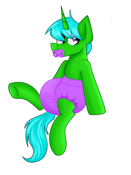 Size: 3024x4032 | Tagged: questionable, artist:mermaidkuki, derpibooru import, oc, oc:green byte, pony, unicorn, adult foal, diaper, full body, image, legs in air, pacifier, png, sitting, solo