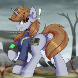 Size: 1750x1750 | Tagged: safe, artist:shadowreindeer, derpibooru import, oc, oc:littlepip, pony, unicorn, fallout equestria, brown hair, butt, clothes, cutie mark, dock, exclamation point, eye clipping through hair, eyelashes, featureless crotch, female, green eyes, image, jpeg, looking at you, looking back, looking back at you, mane, outdoors, pipbuck, plot, raised hoof, rear view, solo, standing, tail, wasteland
