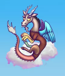 Size: 1900x2215 | Tagged: safe, artist:alikarex, derpibooru import, discord, draconequus, cloud, flying, high res, horns, image, jpeg, male, my little pony, red eyes, simple background, sky, solo, tail, wings, yellow eyes, yellow sclera