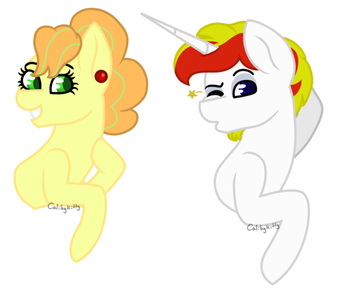 Size: 1342x1170 | Tagged: safe, artist:midnightamber, derpibooru import, oc, oc:apple needle, oc:lucky charm, earth pony, pony, unicorn, ear piercing, earring, image, jewelry, looking at you, one eye closed, piercing, png, smiling, wink, winking at you