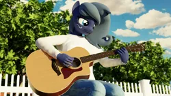 Size: 5760x3240 | Tagged: safe, artist:hunterz263, derpibooru import, oc, oc:midnight music, unofficial characters only, anthro, plantigrade anthro, 3d, 5k, acoustic guitar, blender, clothes, guitar, image, jeans, musical instrument, not sfm, outdoors, pants, png, shirt