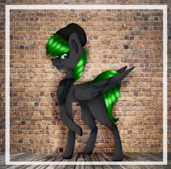 Size: 2352x2312 | Tagged: safe, derpibooru import, oc, oc:vertex soundwave, unofficial characters only, pegasus, pony, brick wall, clothes, commission, hat, image, male, png, realistic background, scarf, solo, stallion, ych result