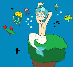 Size: 1670x1538 | Tagged: artist needed, safe, derpibooru import, terramar, fish, human, jellyfish, merboy, mermaid, merman, armpits, belly button, bubble, humanized, image, jewelry, looking up, male, mermaid lovers, mermay, necklace, ocean, png, sitting, species swap, tail, underwater