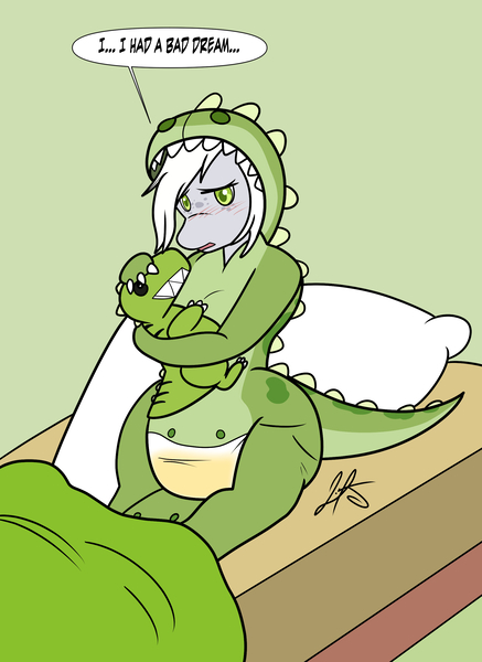 Size: 2024x2776 | Tagged: questionable, artist:liljdude, artist:rogeykun, derpibooru import, oc, oc:fossil fluster, bed, butt flap, clothes, costume, diaper, diaper fetish, fetish, image, jpeg, kigurumi, onesie, plushie, poofy diaper, urine, wet diaper