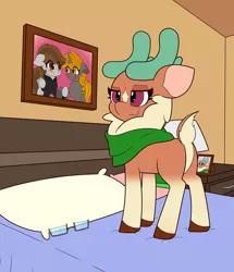 Size: 3302x3837 | Tagged: safe, artist:mrneo, derpibooru import, cashmere (tfh), oc, oc:nuclear fusion, oc:penny page, them's fightin' herds, background, bed, bed frame, clothes, community related, glasses, image, lamp, nightstand, on bed, picture frame, pillow, png, scarf, solo