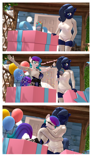 Size: 2000x3423 | Tagged: safe, artist:anthroponiessfm, derpibooru import, oc, oc:aurora starling, oc:midnight music, anthro, 3d, anthro oc, birthday, clothes, comic, cute, dawwww, eyes closed, female, glasses, happy birthday, hug, image, looking at each other, png, source filmmaker