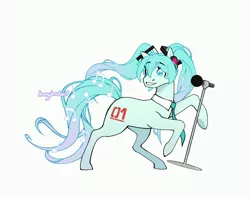 Size: 3000x2400 | Tagged: safe, artist:h0neybraden, derpibooru import, kotobukiya, ponified, earth pony, pony, hatsune miku, image, jpeg, microphone, music, music notes, smiling, solo